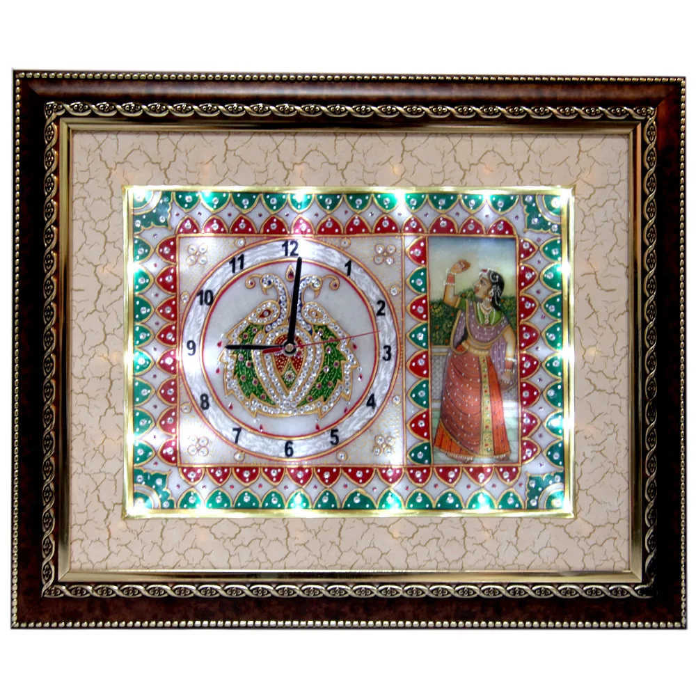 Wooden Frame Marble Clock With Bani Thani Painting & LED