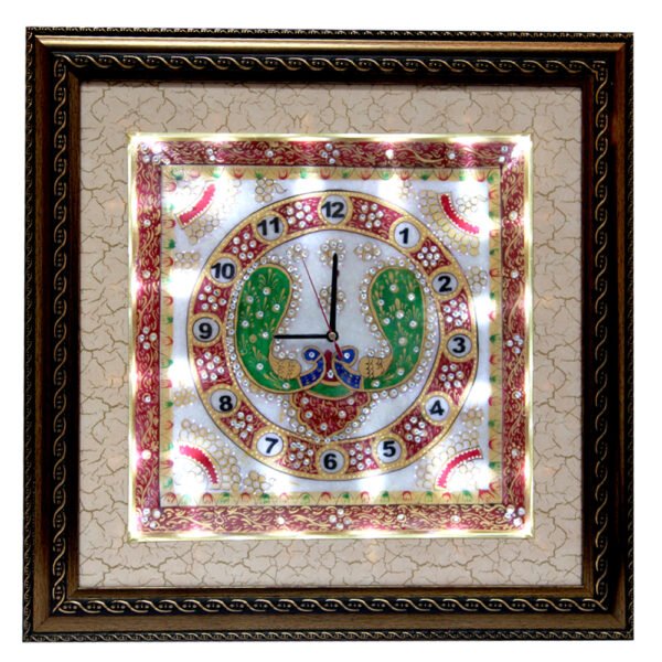 Wooden Frame LED Marble Clock With Peacock Painting