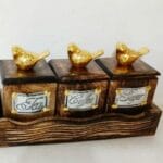 Wooden ( Tea / Sugar / Coffee) Jars with Tray Jar Wooden with Aluminum Gold Plated Bird Knob