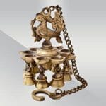 Peacock Design Brass Hanging Diya with Bells