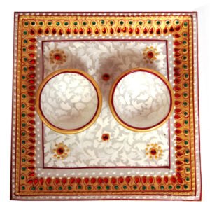 Marble Meenakari Square Twin Diya Pooja Thali