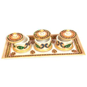 Marble Meenakari Crafted 3 Dibbi Set With Serving Tray