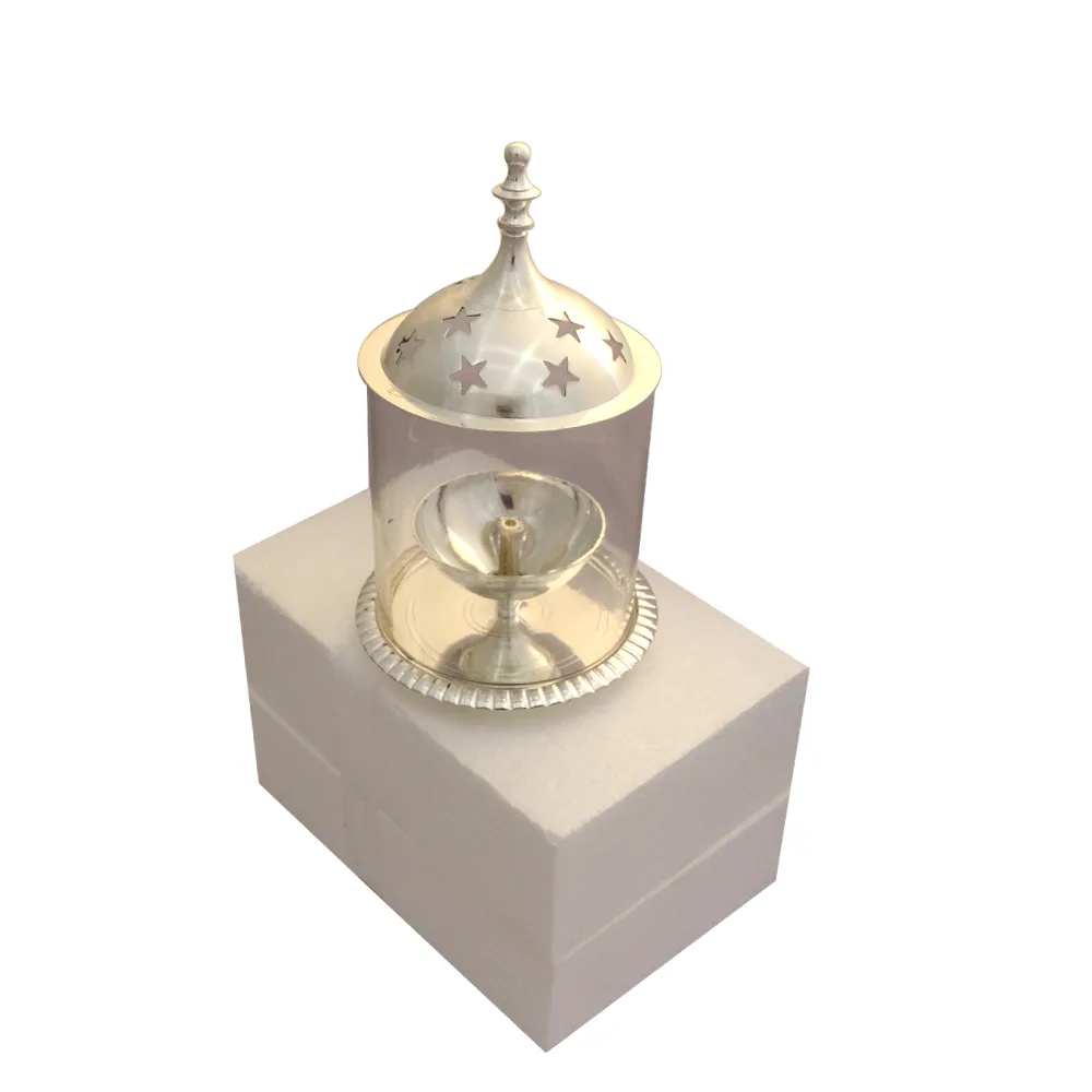 German Silver Diya With Glass Cover For Puja Gifts