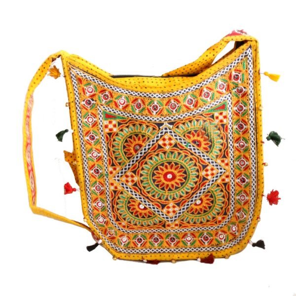 Colourful Ethnic Design Long Handle Bag in Yellow Colour